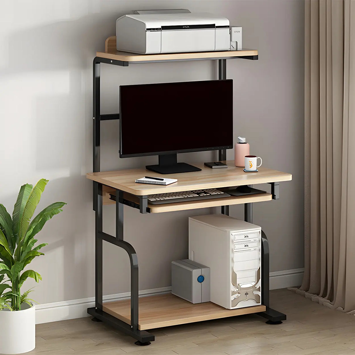 Brown Single Wooden Computer Desk with Shelves Image - 7