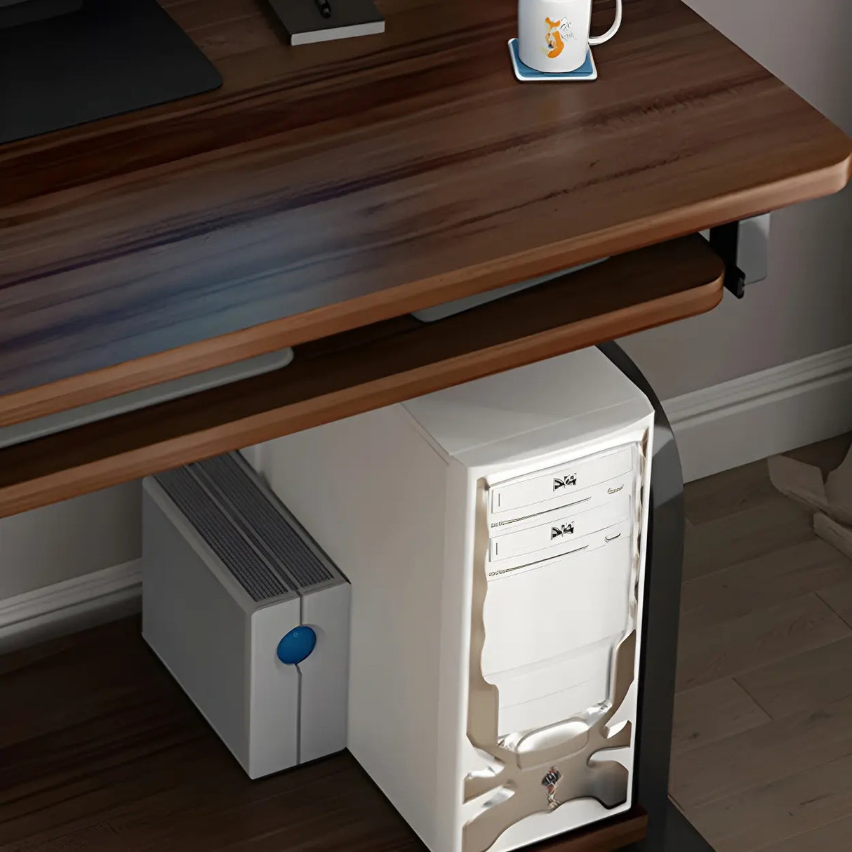 Brown Single Wooden Computer Desk with Shelves Image - 8