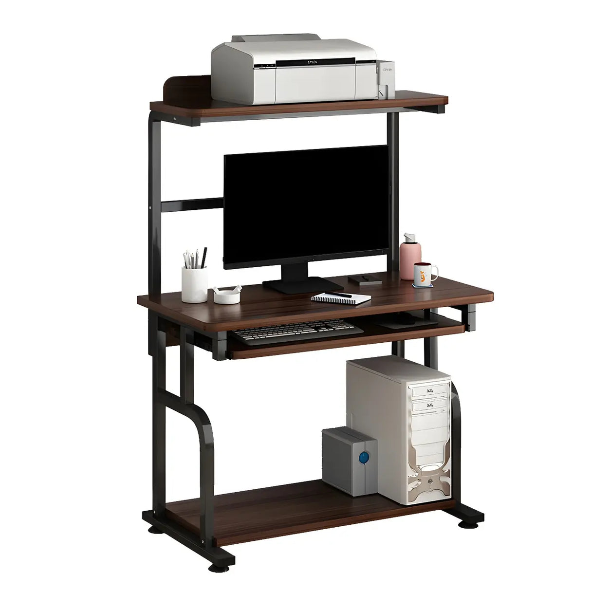 Brown Single Wooden Computer Desk with Shelves Image - 9