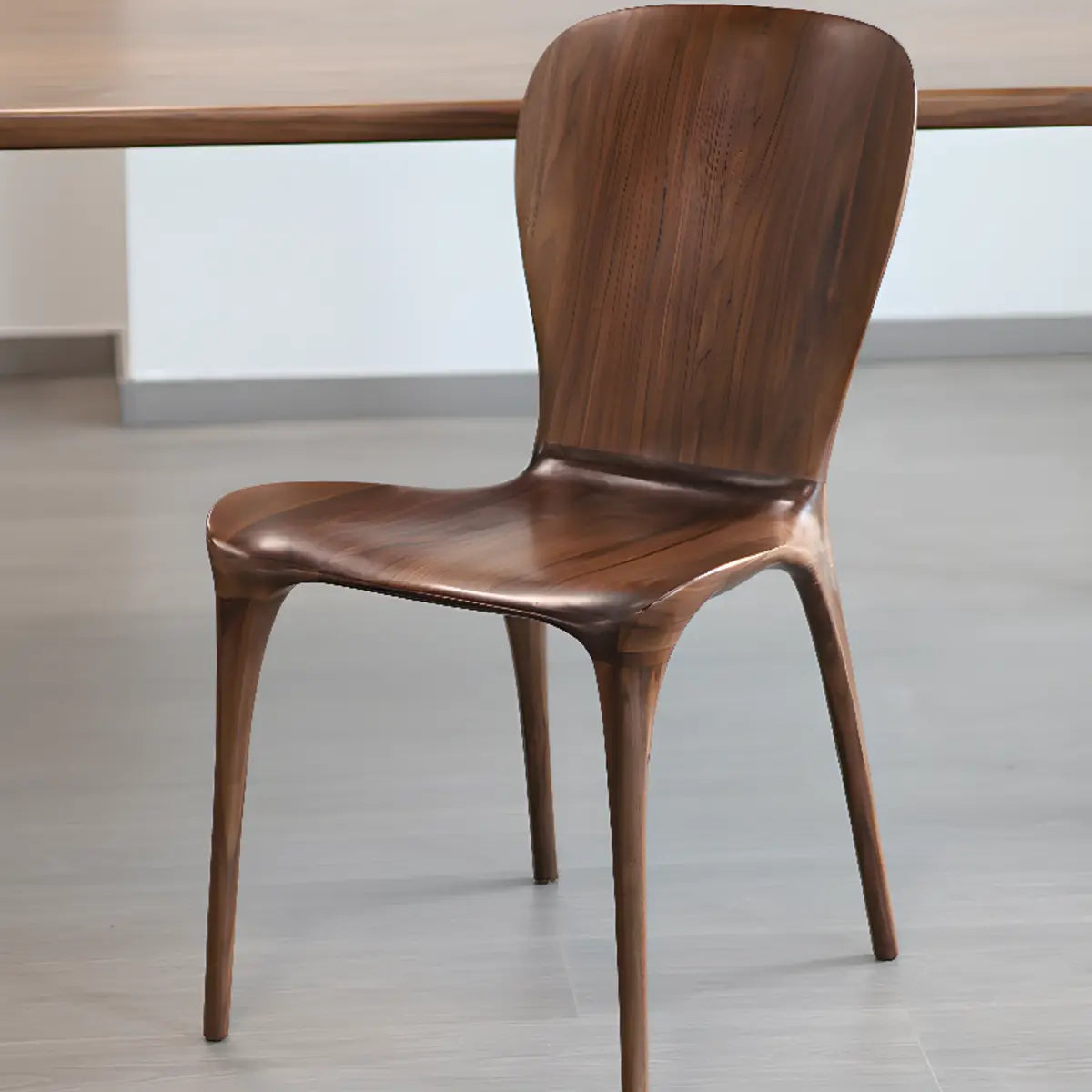 Brown Sleek Curved Back Wooden Armless Dining Chair Image - 5