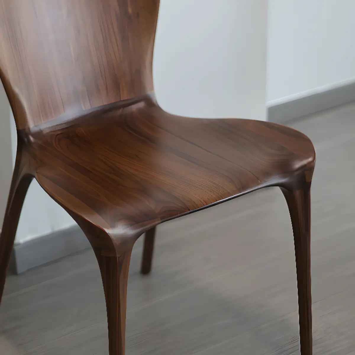 Brown Sleek Curved Back Wooden Armless Dining Chair Image - 6