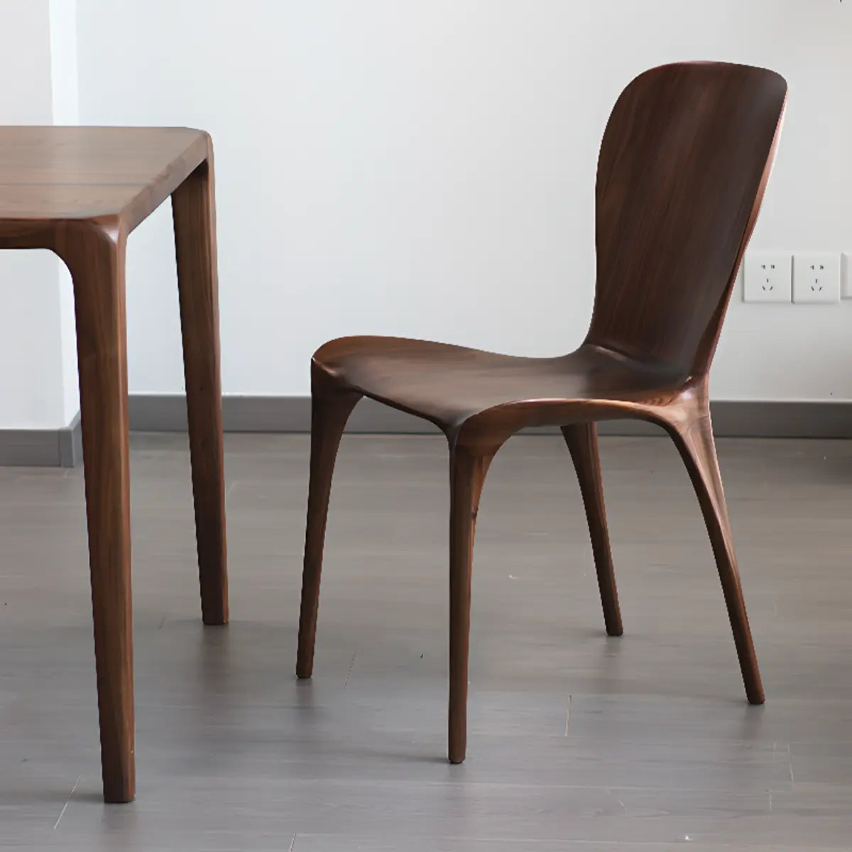 Brown Sleek Curved Back Wooden Armless Dining Chair Image - 7