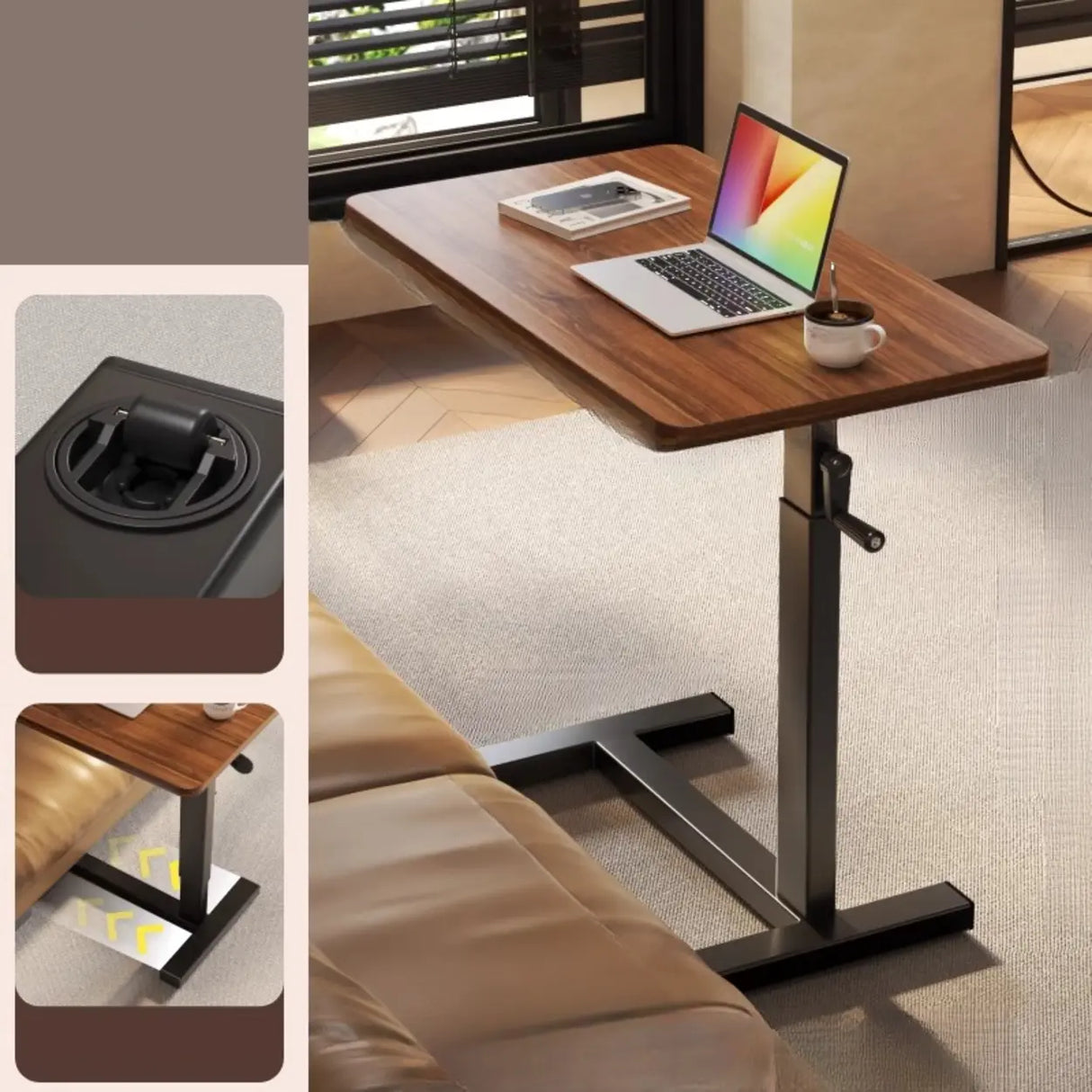 Brown Small Narrow Adjustable Wooden Single Desk Image - 2