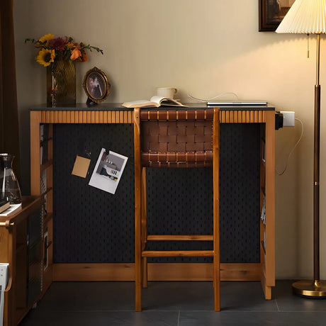 Brown Square Woven Leather Wood Frame Bar Stool Image - 1