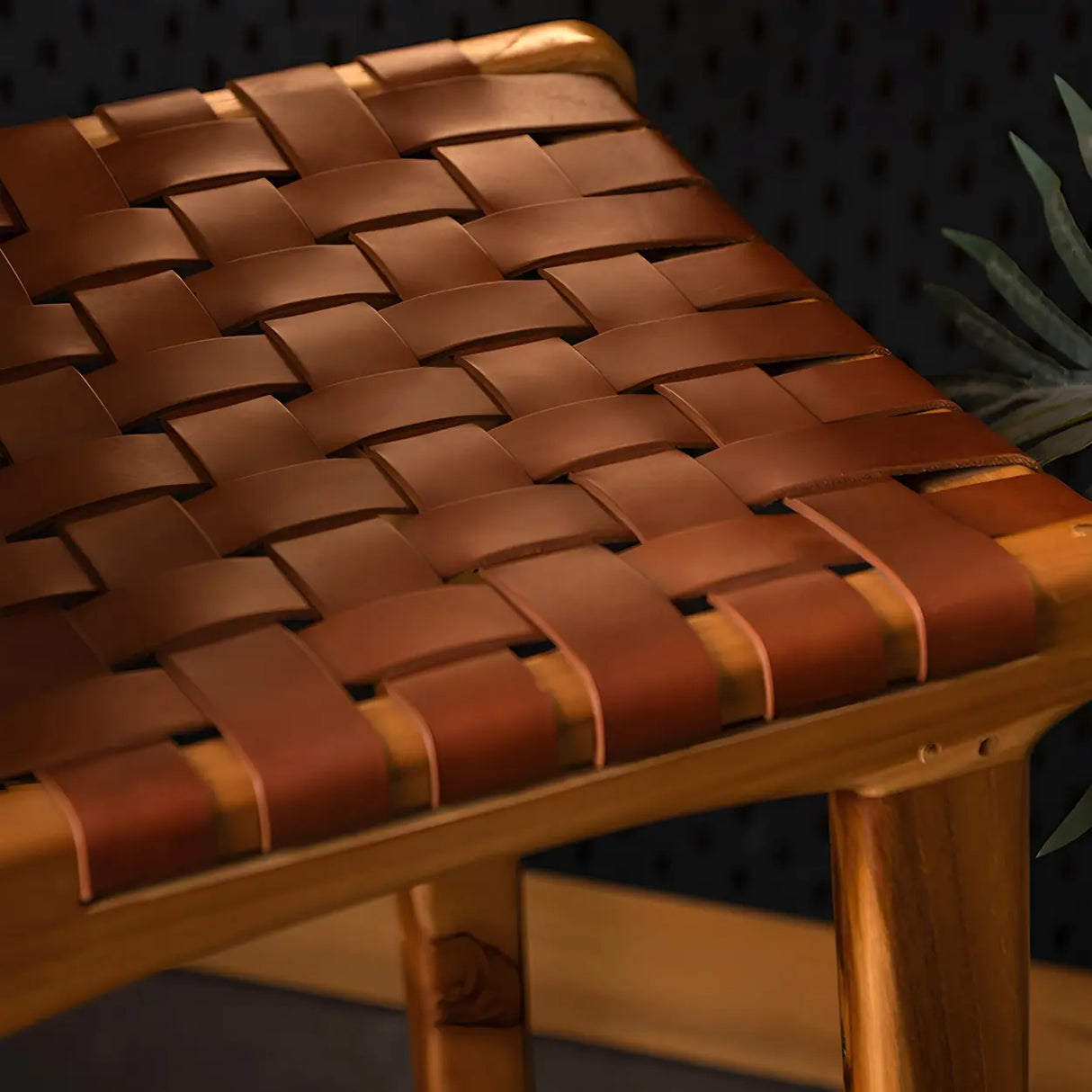 Brown Square Woven Leather Wood Frame Bar Stool Image - 11