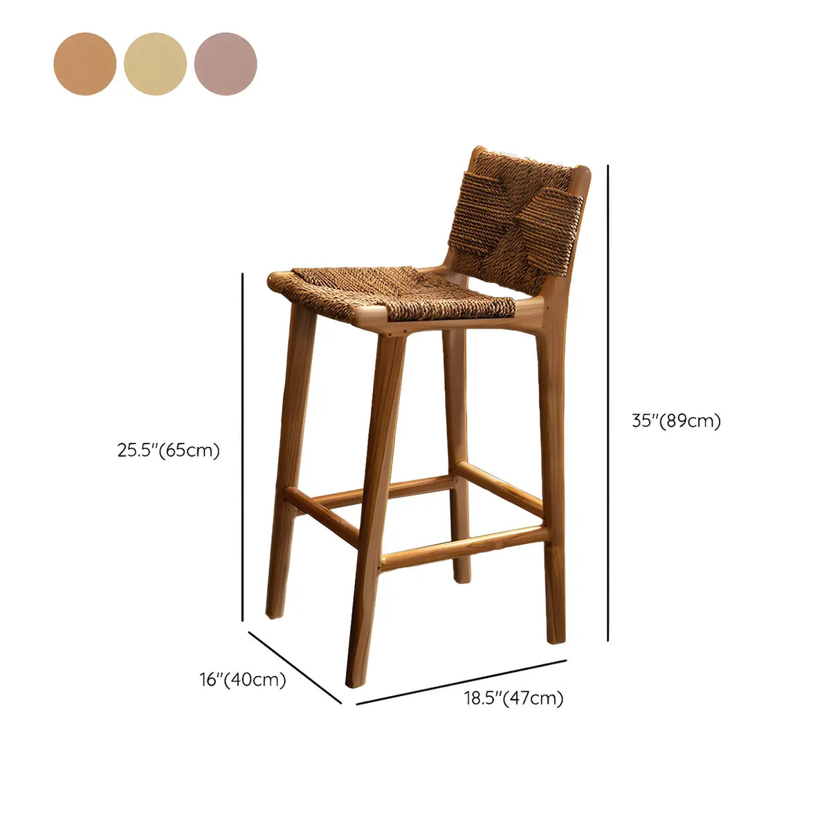 Brown Square Woven Leather Wood Frame Bar Stool