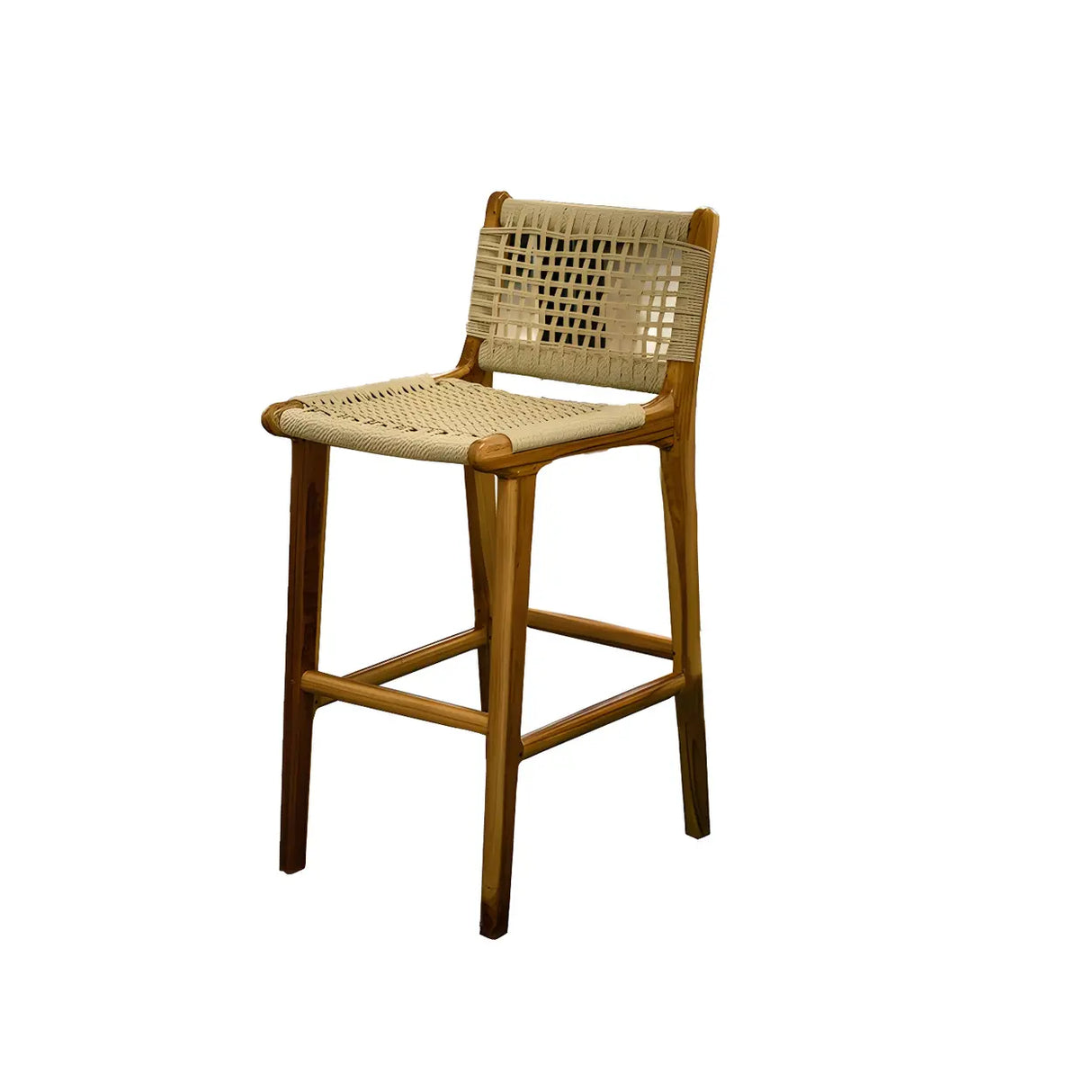 Brown Square Woven Leather Wood Frame Bar Stool Image - 6