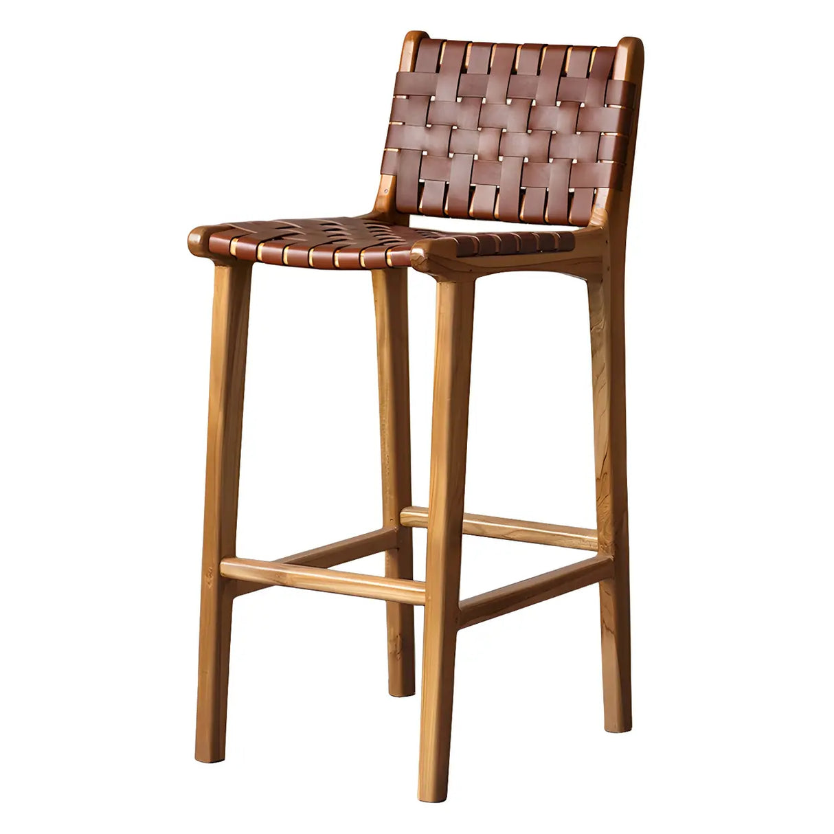 Brown Square Woven Leather Wood Frame Bar Stool Image - 8