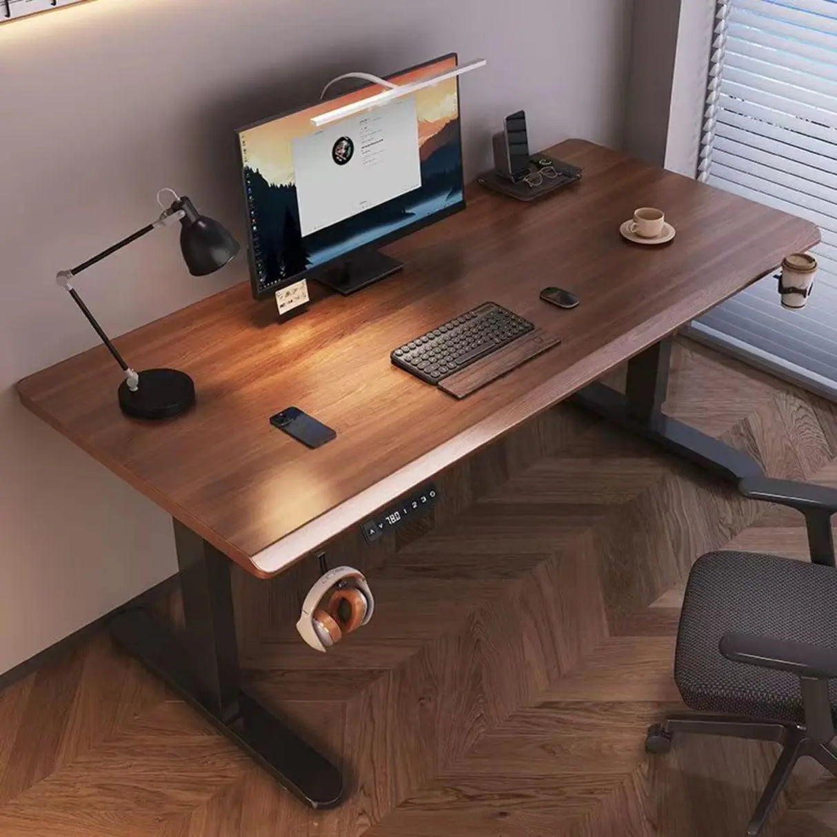 Brown Standard Height-Adjustable Wooden Computer Desk Image - 2