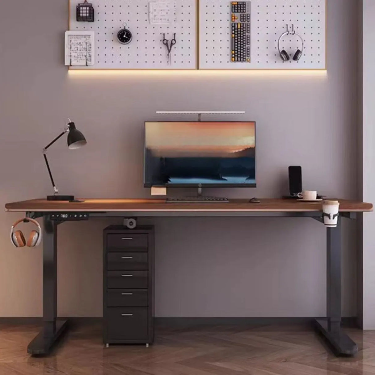 Brown Standard Height-Adjustable Wooden Computer Desk Image - 3