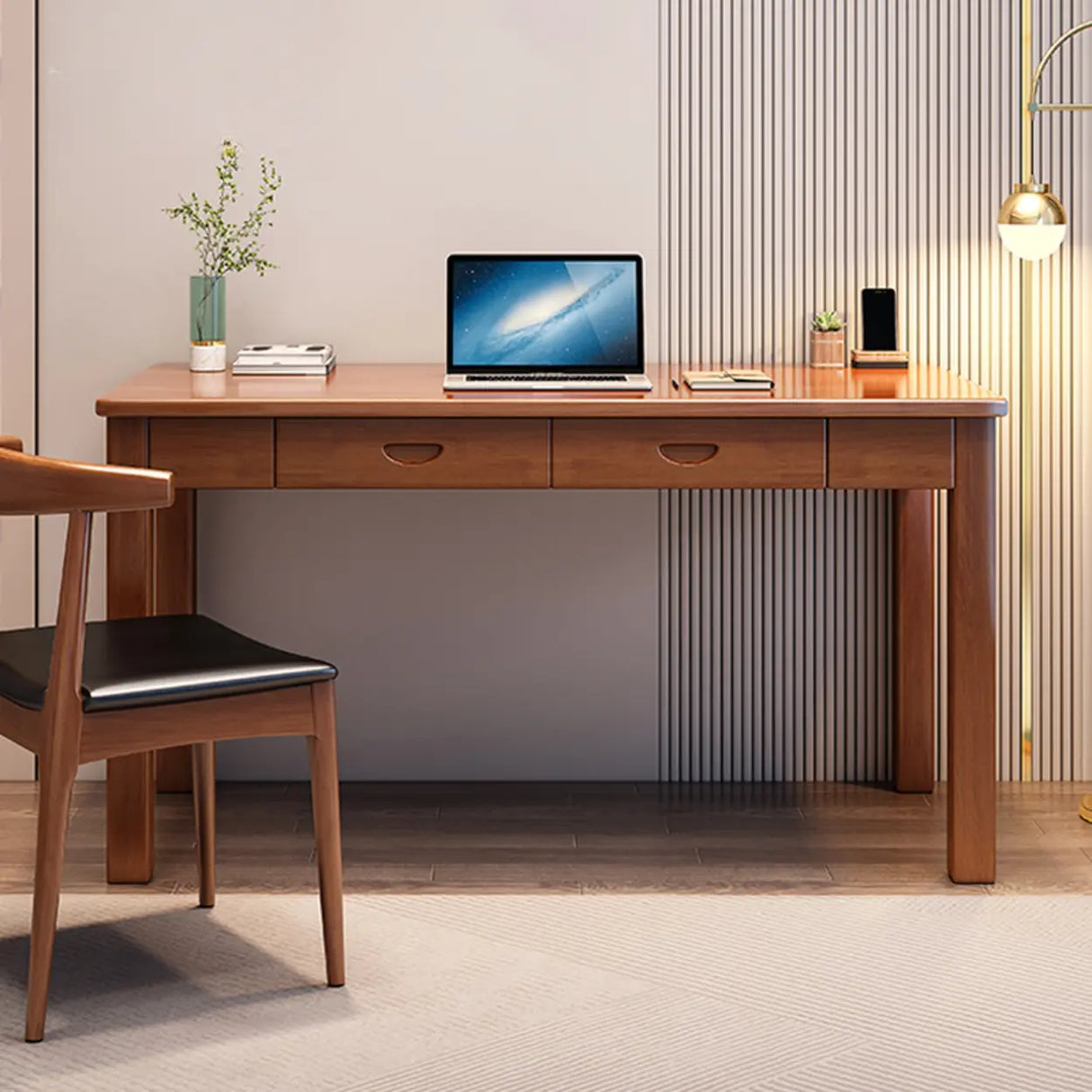 Brown Standard Natural Wooden Desk with Drawers Image - 1