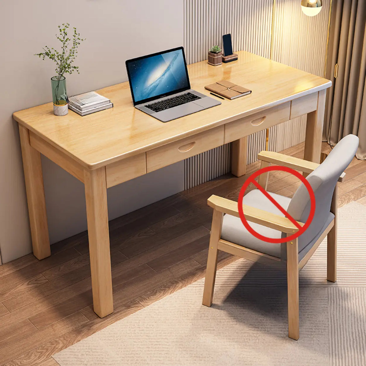 Brown Standard Natural Wooden Desk with Drawers Image - 3