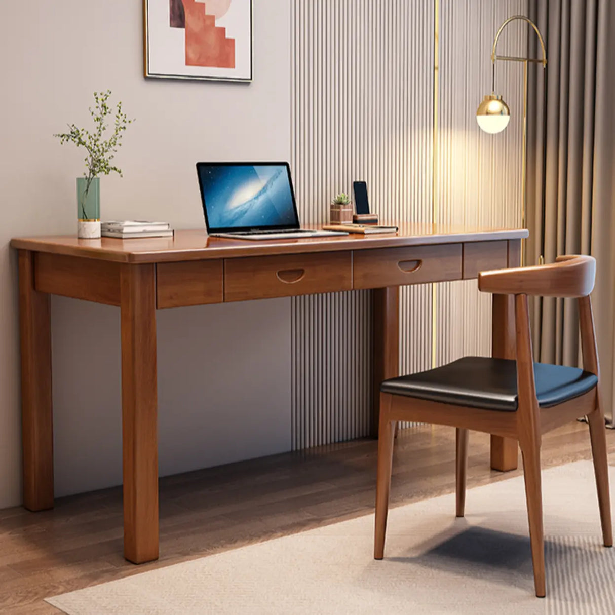 Brown Standard Natural Wooden Desk with Drawers Image - 4