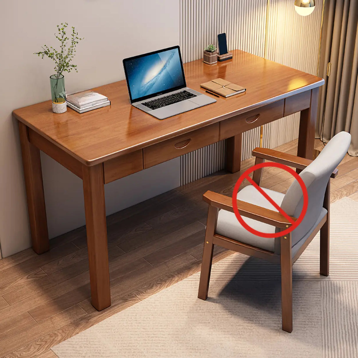 Brown Standard Natural Wooden Desk with Drawers Image - 5