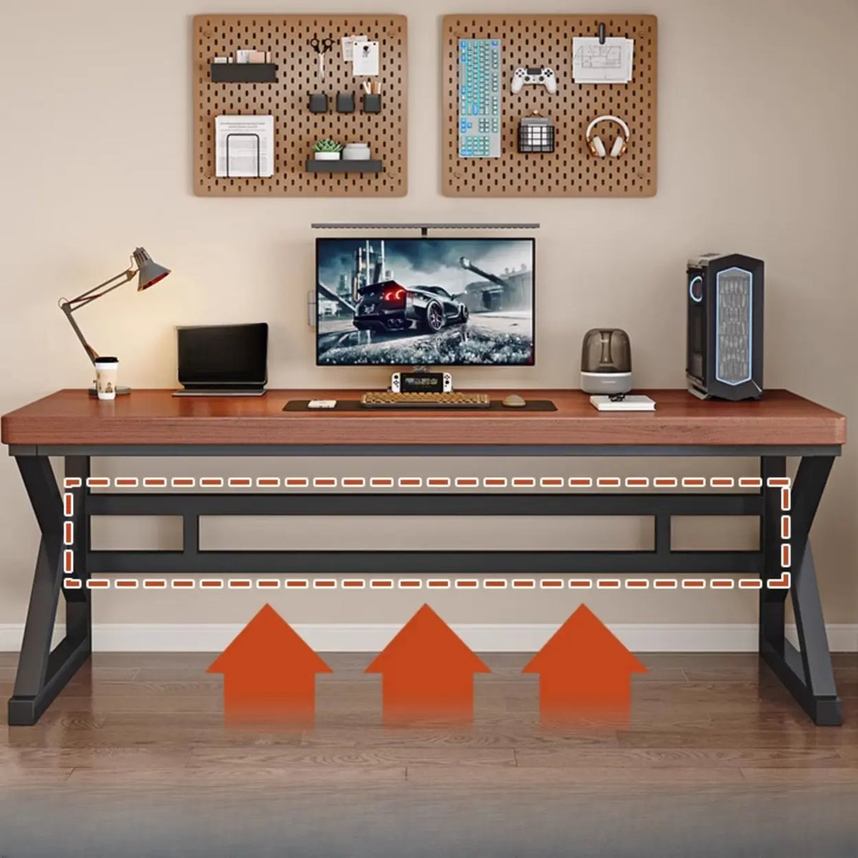 Brown Standard Timber Computer Desk with Shelves Image - 1
