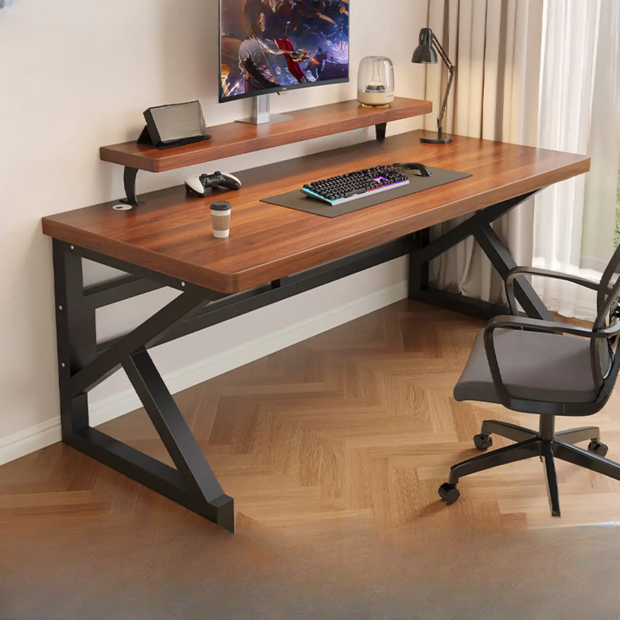 Brown Standard Timber Computer Desk with Shelves Image - 2