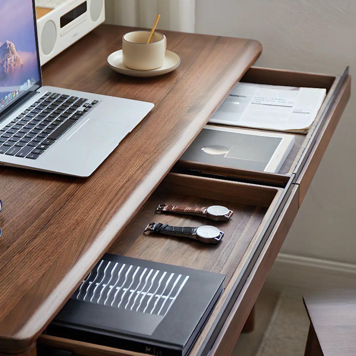 Brown Standard Walnut Wooden Computer Desk with Drawers Image - 10