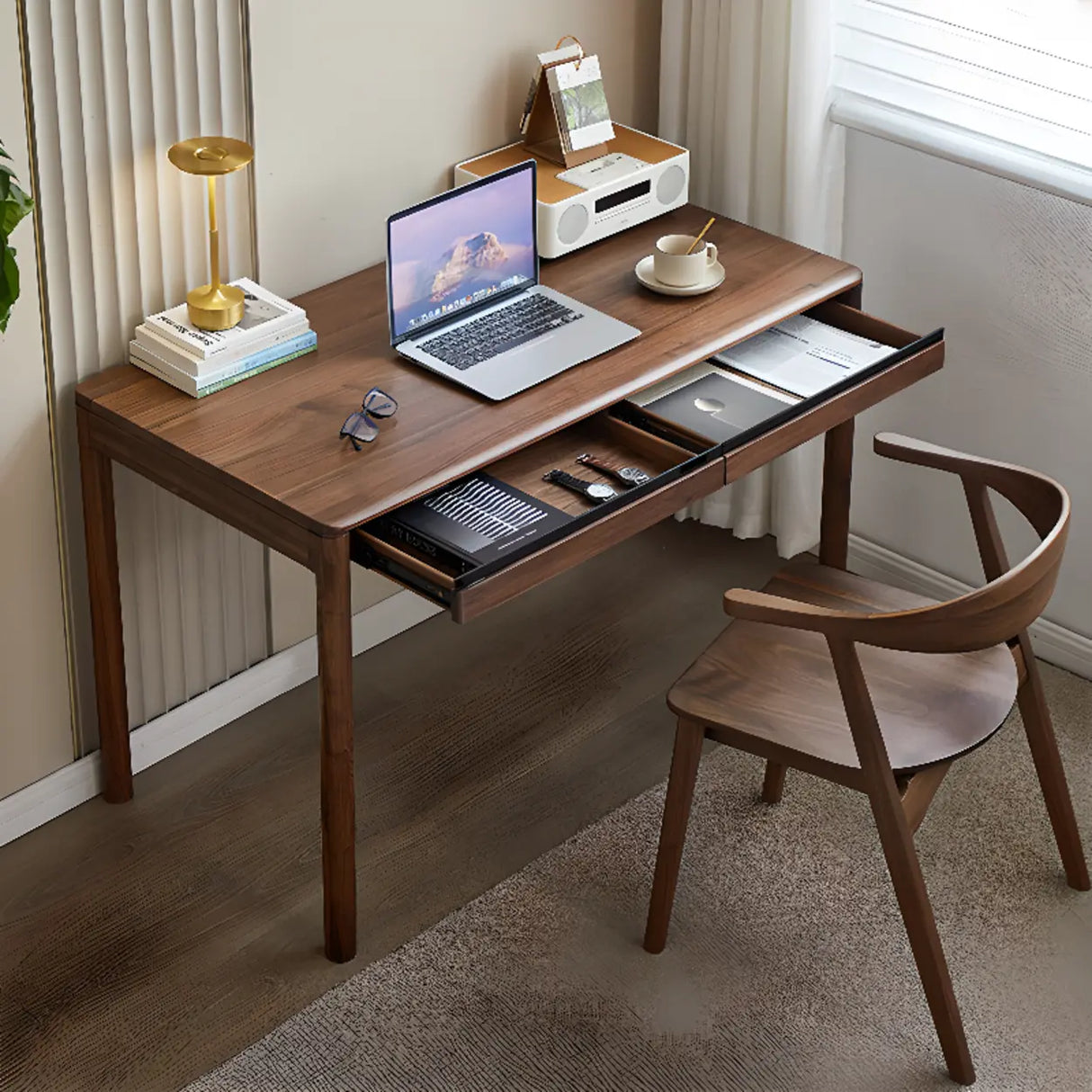 Brown Standard Walnut Wooden Computer Desk with Drawers Image - 1
