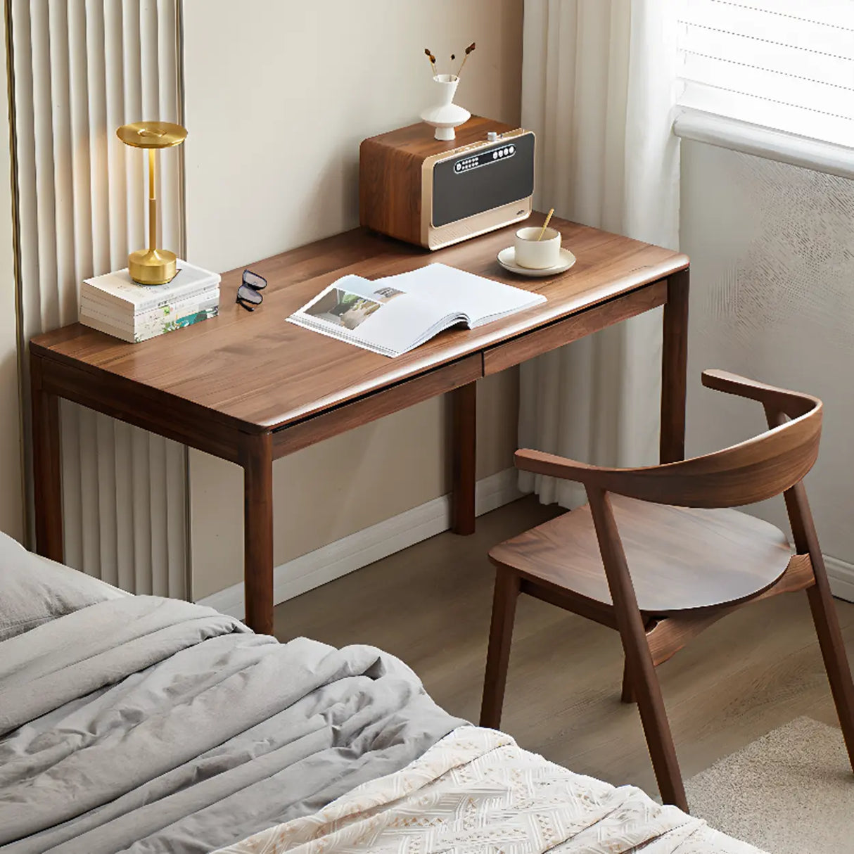 Brown Standard Walnut Wooden Computer Desk with Drawers Image - 4