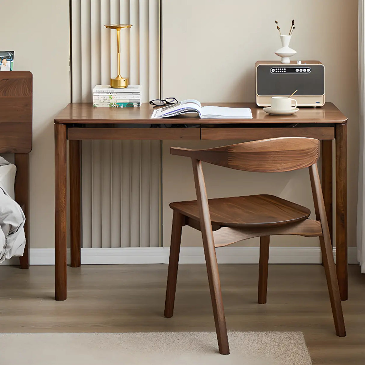Brown Standard Walnut Wooden Computer Desk with Drawers Image - 5
