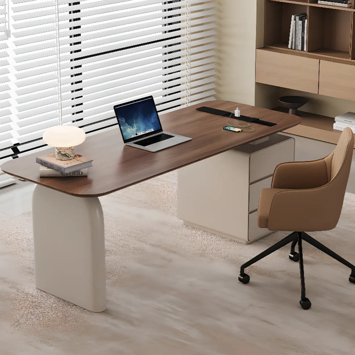 Brown Standard Walnut Wooden Desk with Drawers Image - 1