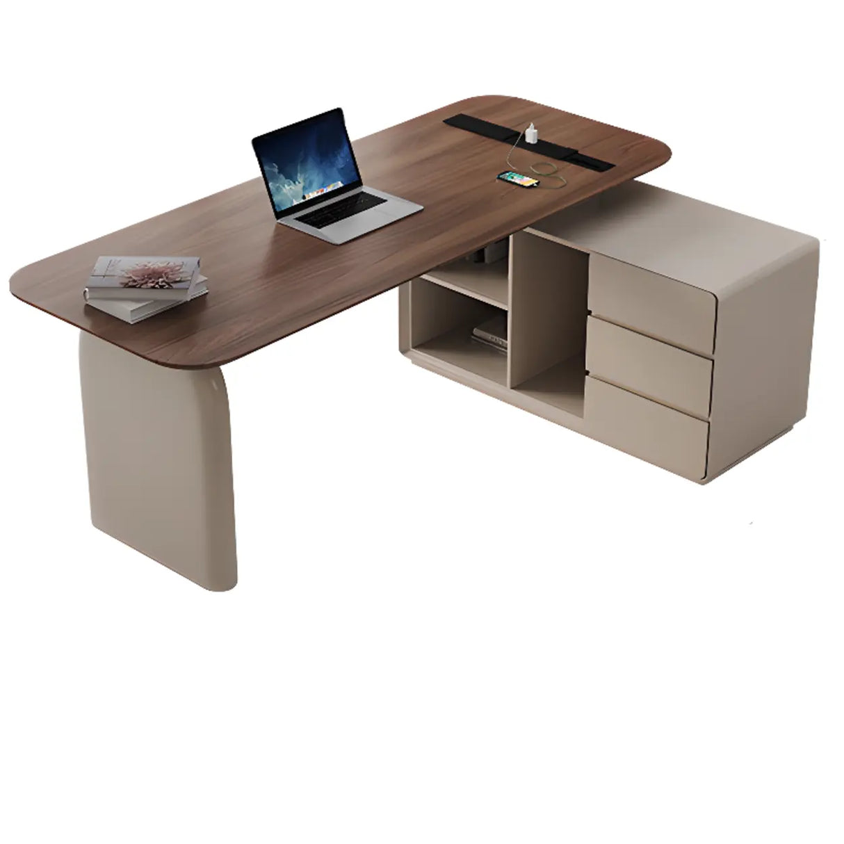 Brown Standard Walnut Wooden Desk with Drawers Image - 3