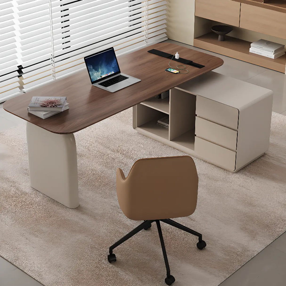 Brown Standard Walnut Wooden Desk with Drawers Image - 5