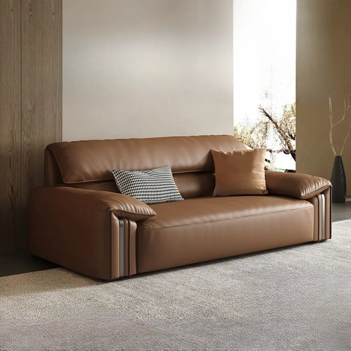 Brown Tear Resistant Genuine Leather Cushion Back Sofa Image - 10
