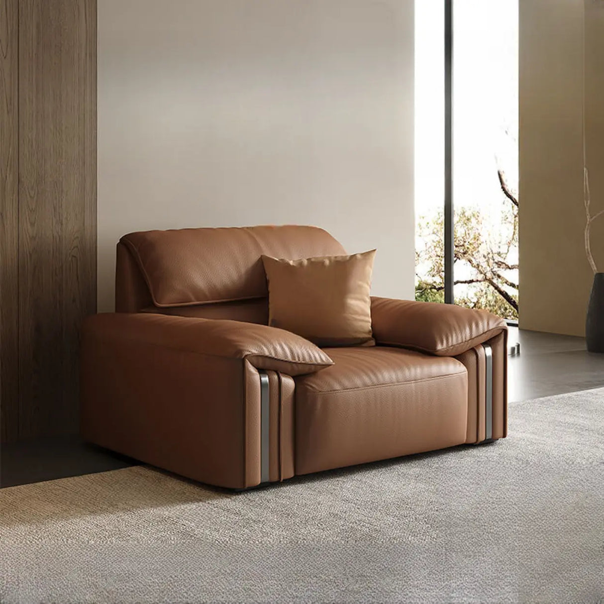 Brown Tear Resistant Genuine Leather Cushion Back Sofa Image - 11