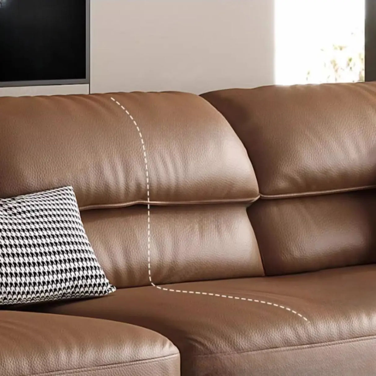Brown Tear Resistant Genuine Leather Cushion Back Sofa Image - 17