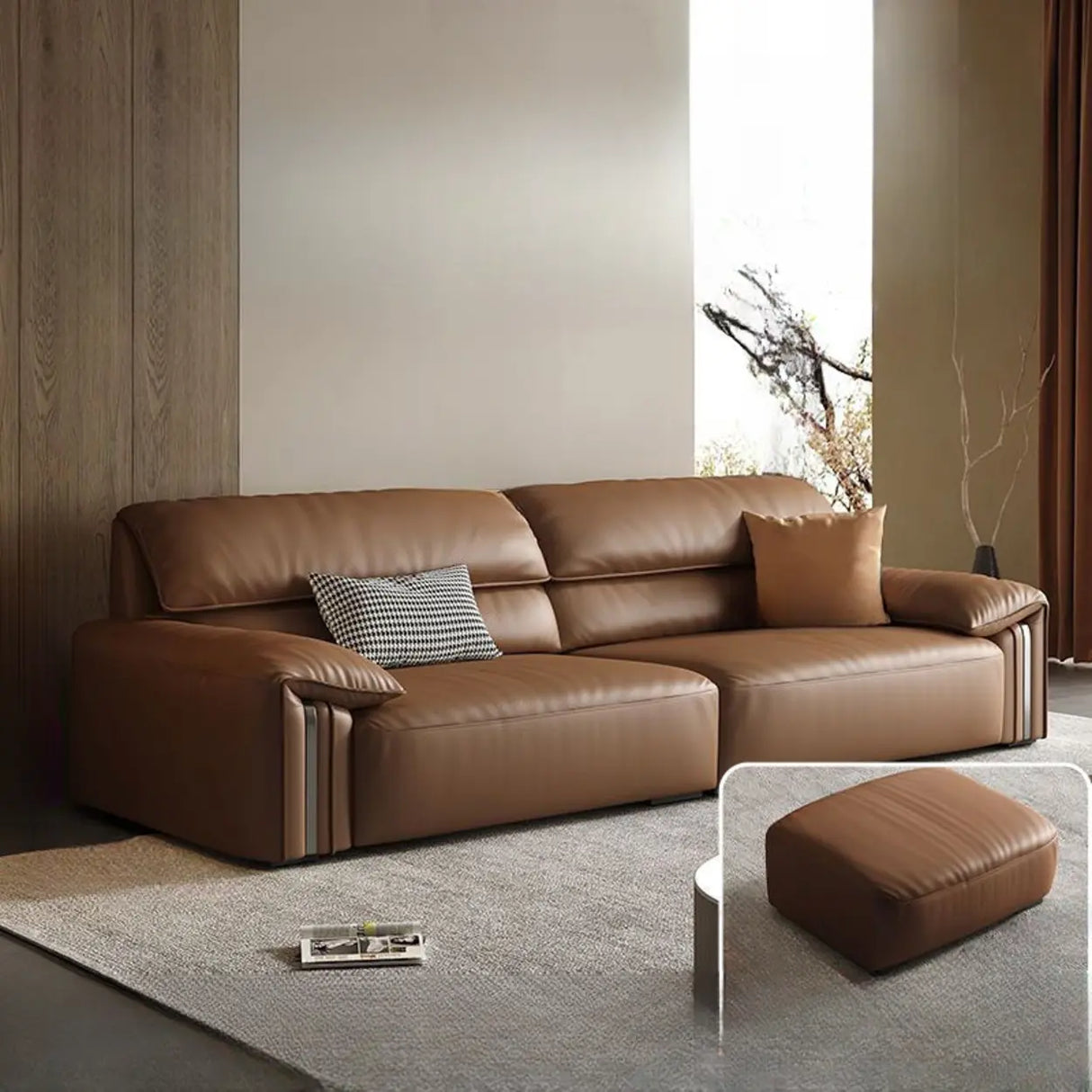 Brown Tear Resistant Genuine Leather Cushion Back Sofa Image - 18