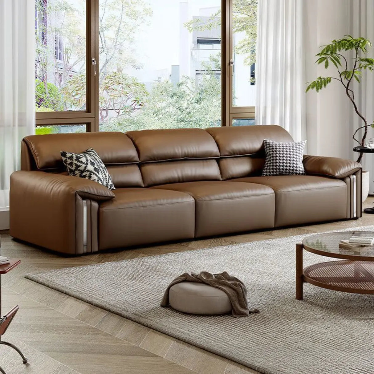 Brown Tear Resistant Genuine Leather Cushion Back Sofa Image - 1