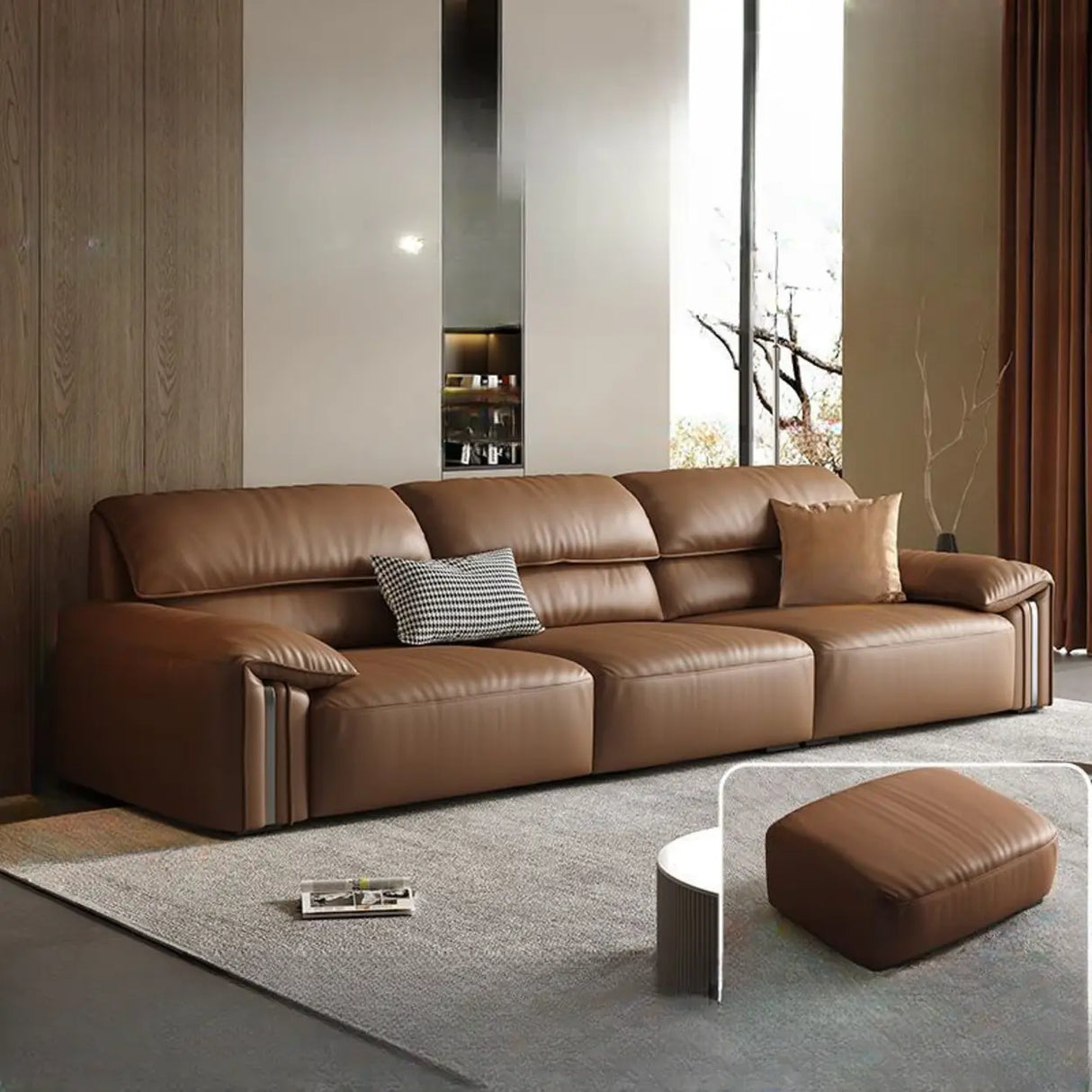 Brown Tear Resistant Genuine Leather Cushion Back Sofa Image - 2