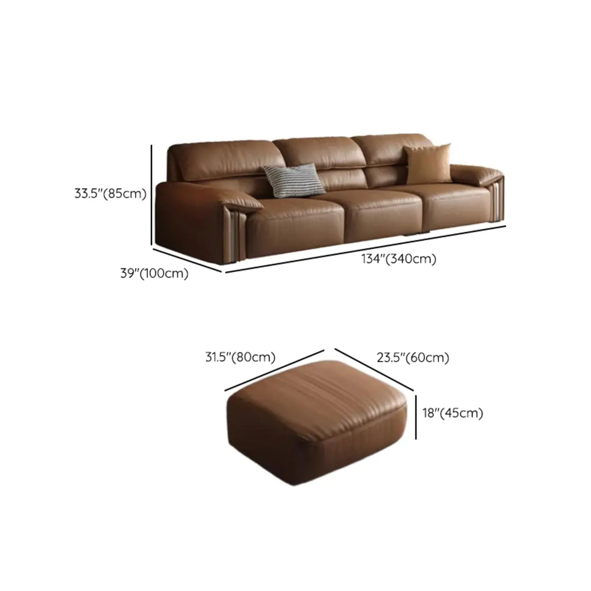Brown Tear Resistant Genuine Leather Cushion Back Sofa Image - 33