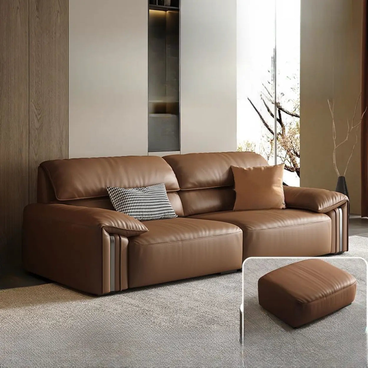 Brown Tear Resistant Genuine Leather Cushion Back Sofa Image - 3