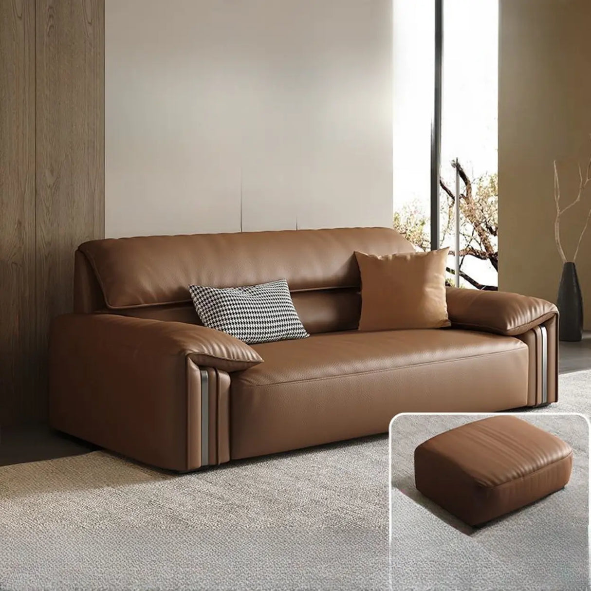 Brown Tear Resistant Genuine Leather Cushion Back Sofa Image - 4