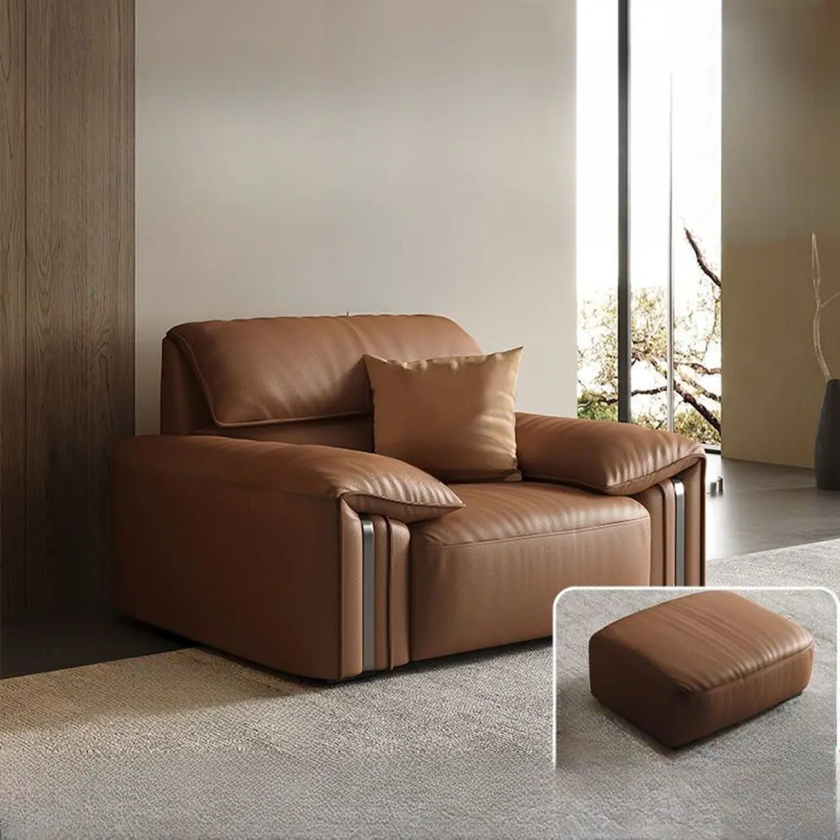 Brown Tear Resistant Genuine Leather Cushion Back Sofa Image - 6