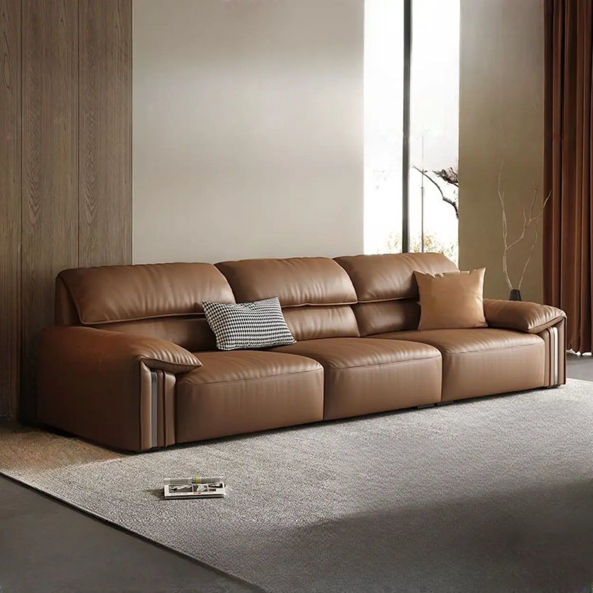 Brown Tear Resistant Genuine Leather Cushion Back Sofa Image - 7