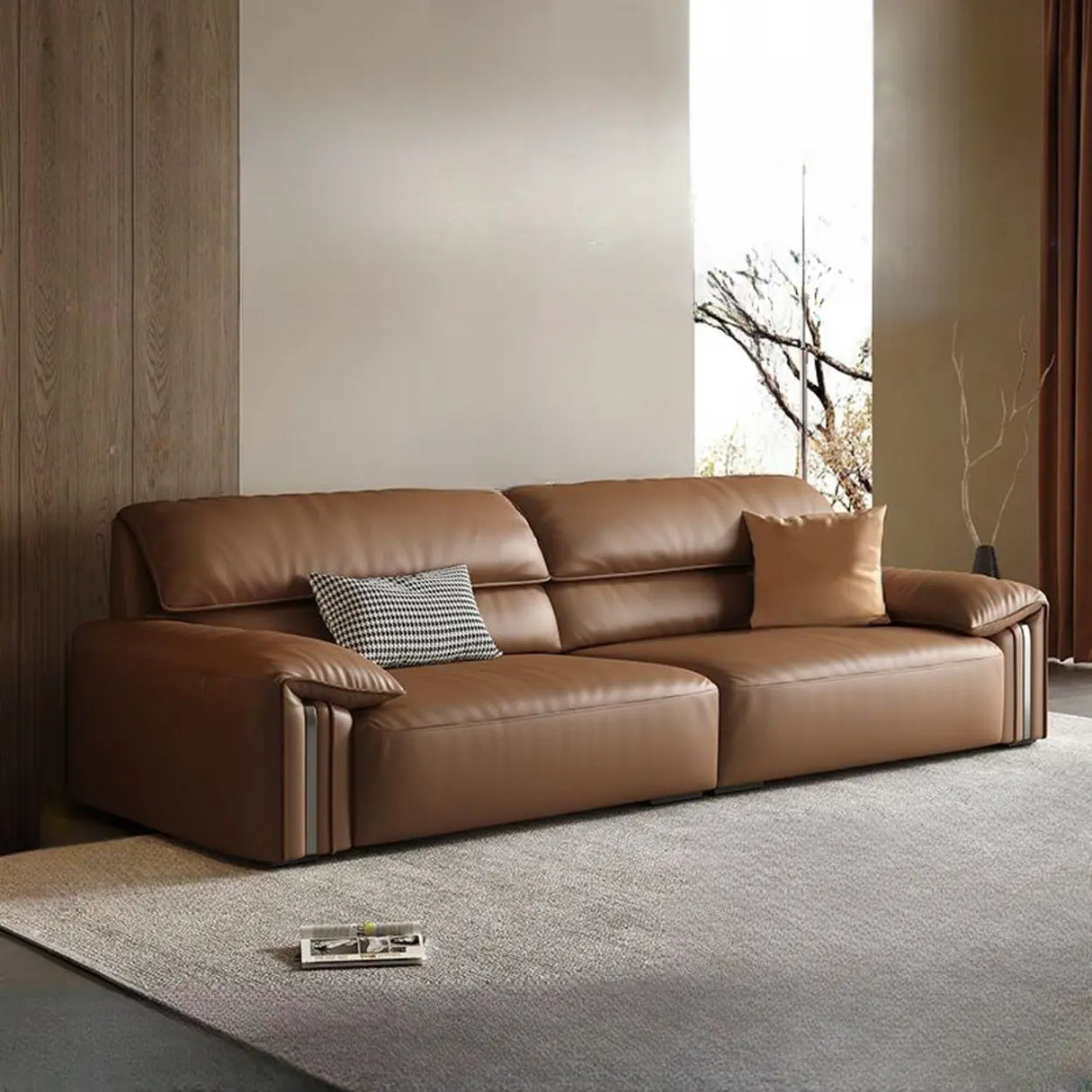 Brown Tear Resistant Genuine Leather Cushion Back Sofa Image - 8