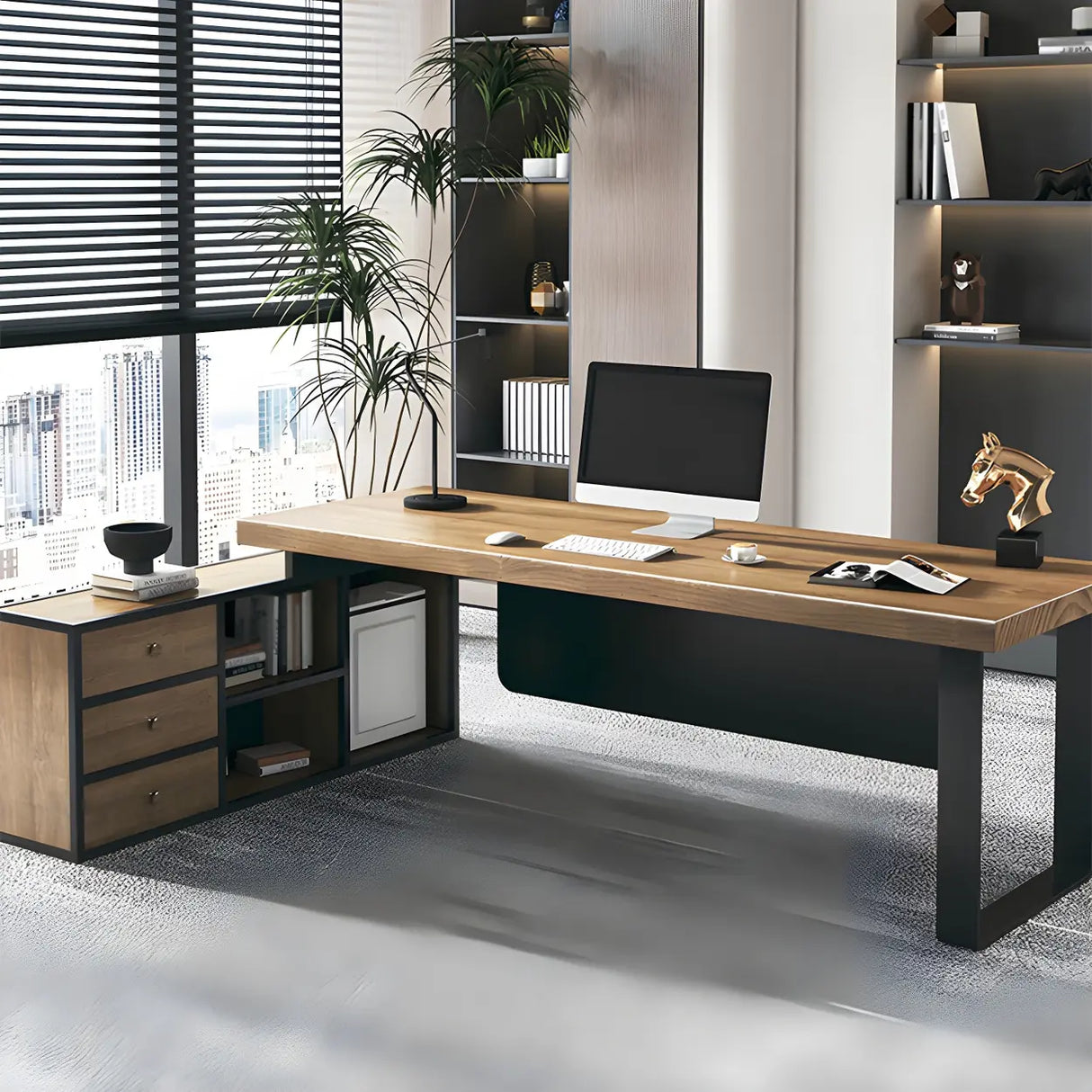 Brown Timber Black Base L-Shape Office Executive Desk Image - 1