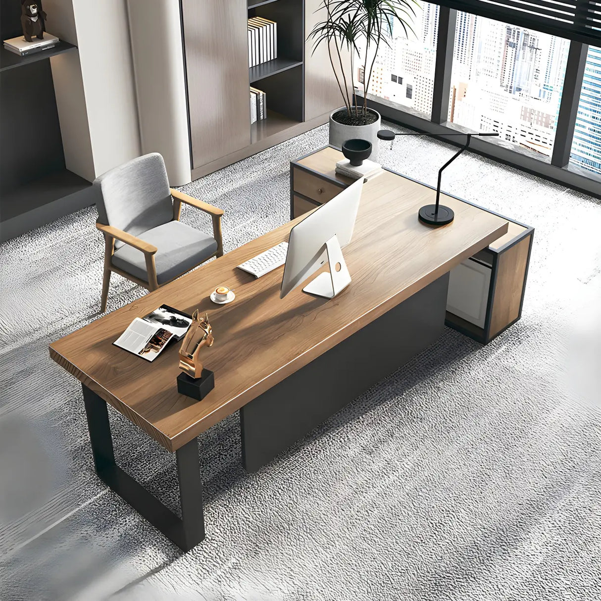 Brown Timber Black Base L-Shape Office Executive Desk Image - 10