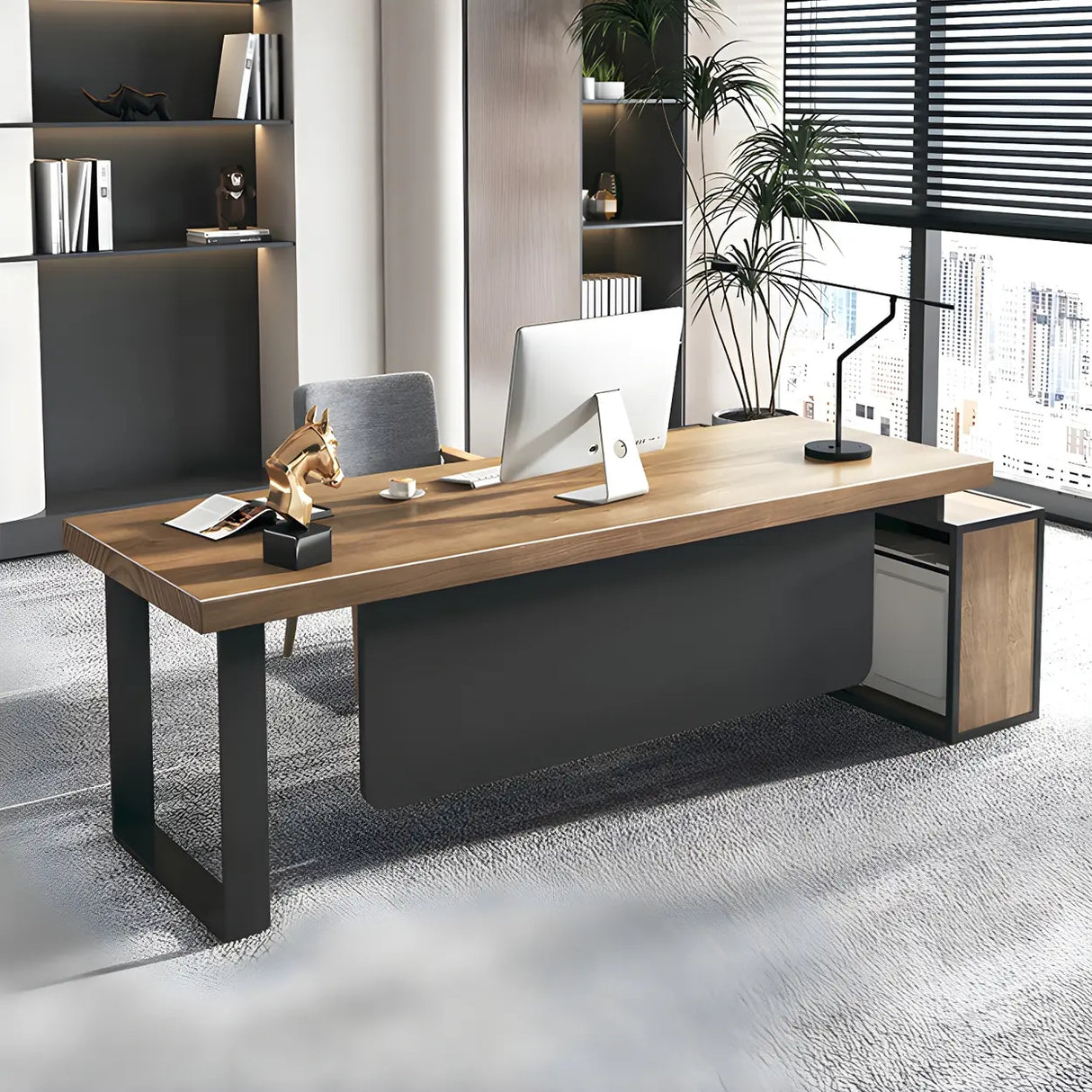 Brown Timber Black Base L-Shape Office Executive Desk Image - 11