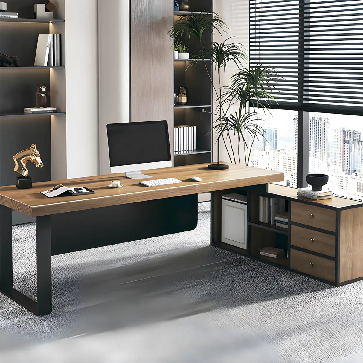 Brown Timber Black Base L-Shape Office Executive Desk Image - 2