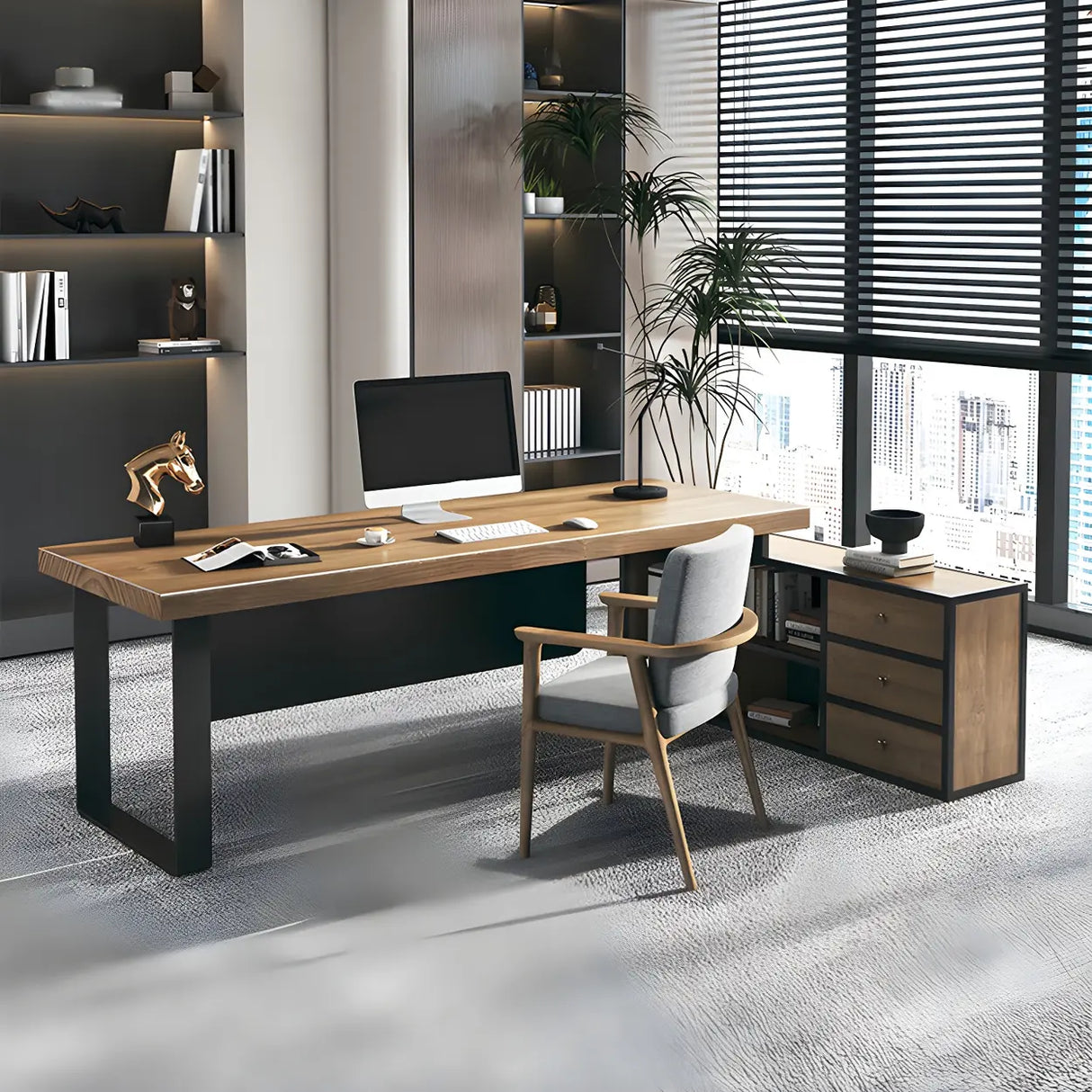Brown Timber Black Base L-Shape Office Executive Desk Image - 3