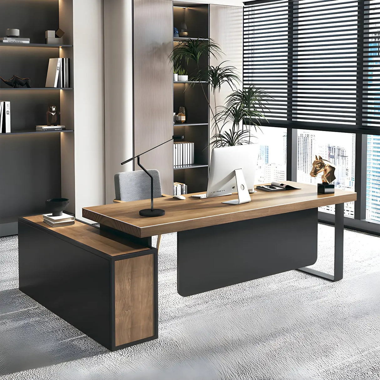 Brown Timber Black Base L-Shape Office Executive Desk Image - 4