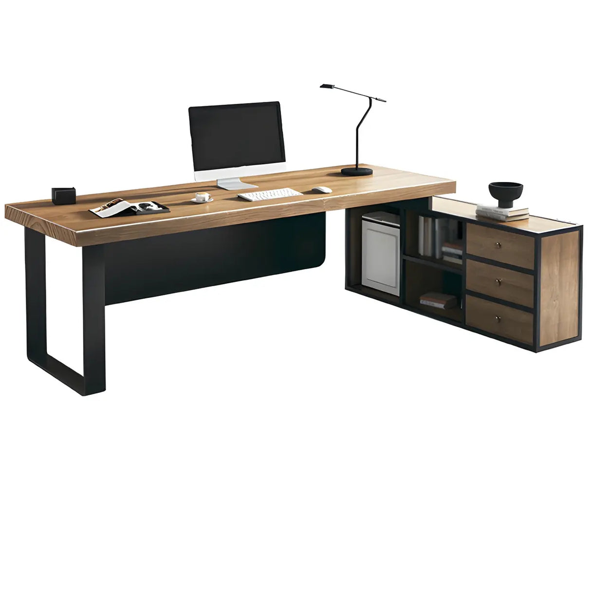 Brown Timber Black Base L-Shape Office Executive Desk Image - 5