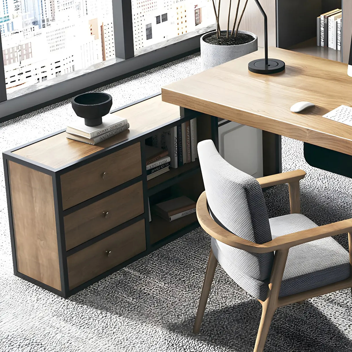 Brown Timber Black Base L-Shape Office Executive Desk Image - 6