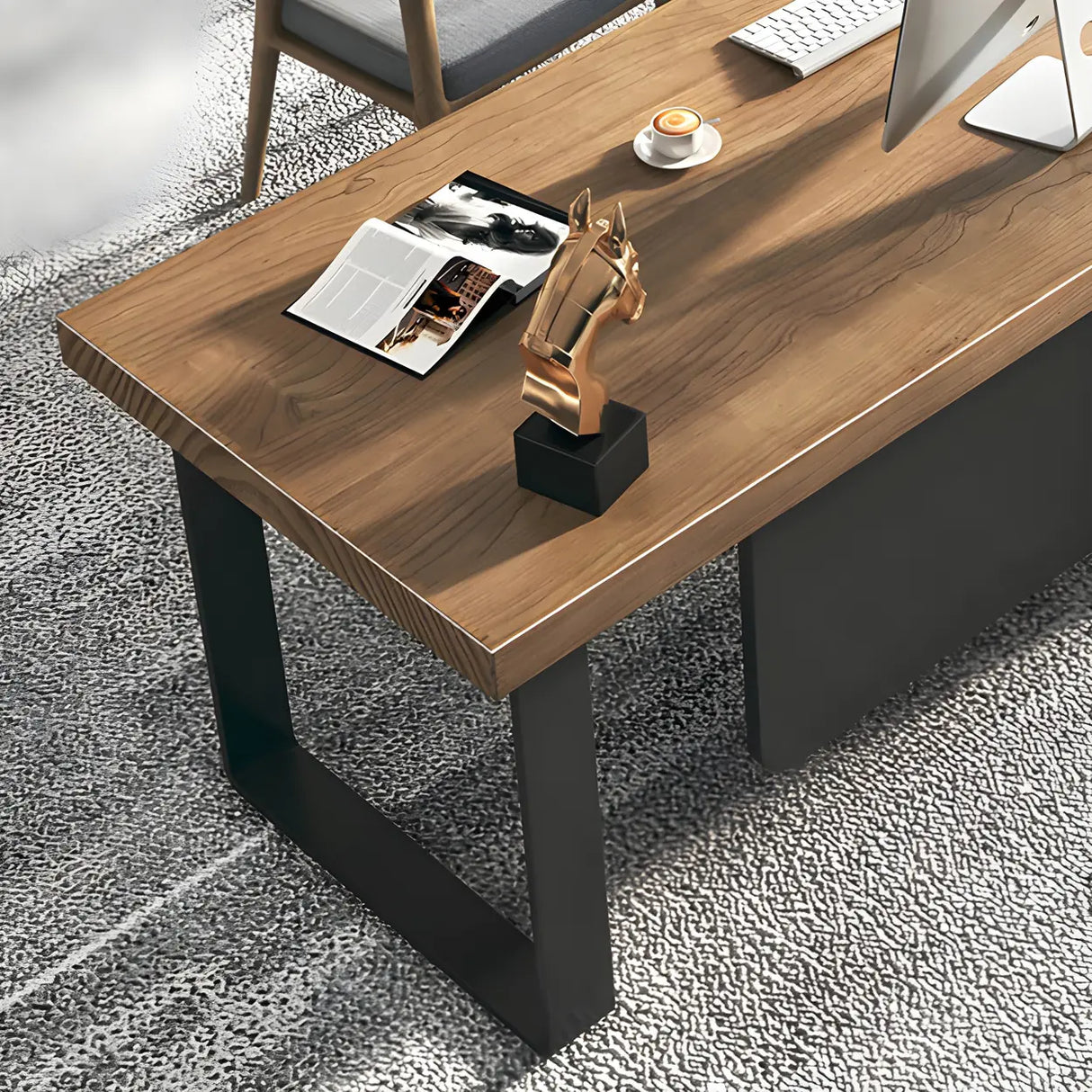 Brown Timber Black Base L-Shape Office Executive Desk Image - 7