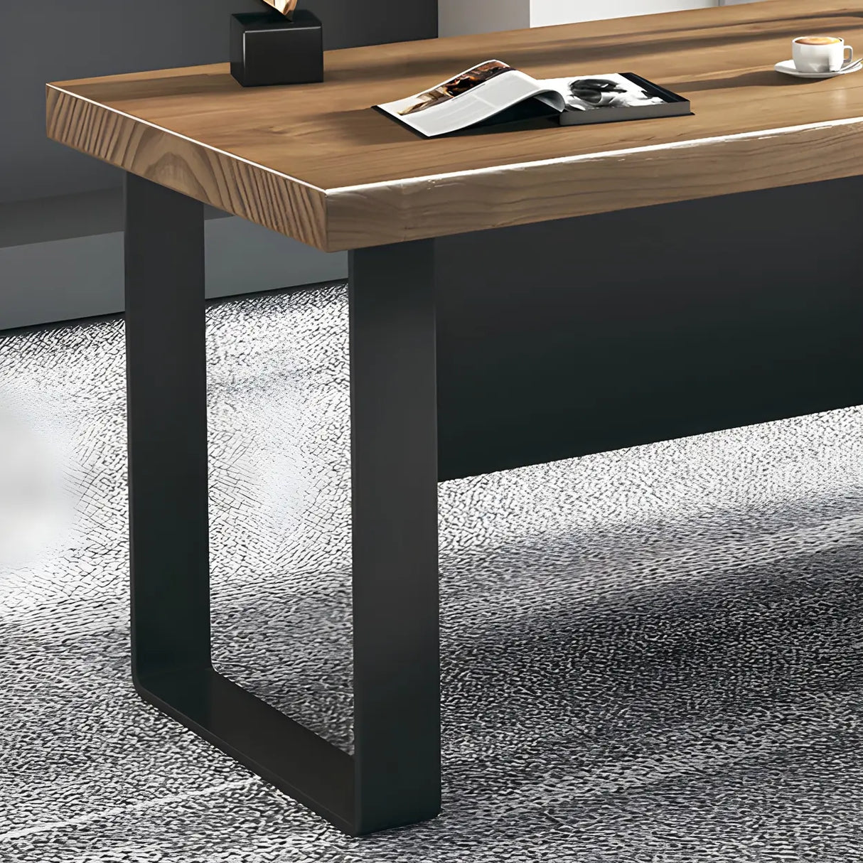 Brown Timber Black Base L-Shape Office Executive Desk Image - 8