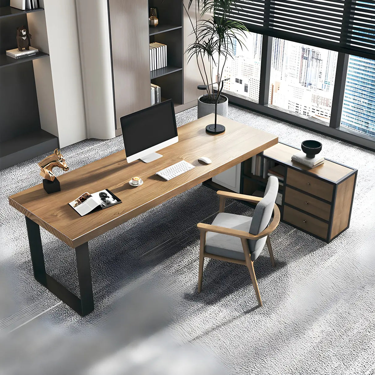 Brown Timber Black Base L-Shape Office Executive Desk Image - 9
